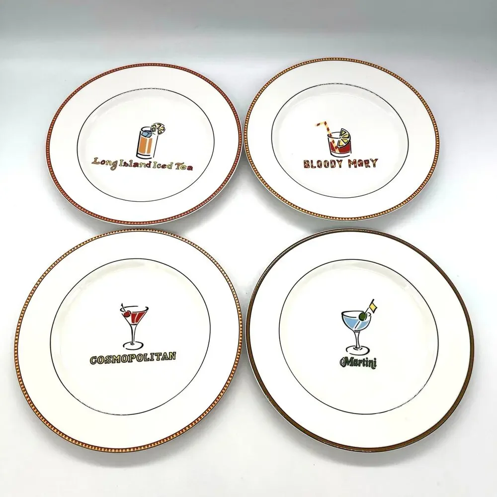 Ten Strawberry Street Set of 4 Tavern Cocktail Plates with Drink Recipes 7.75